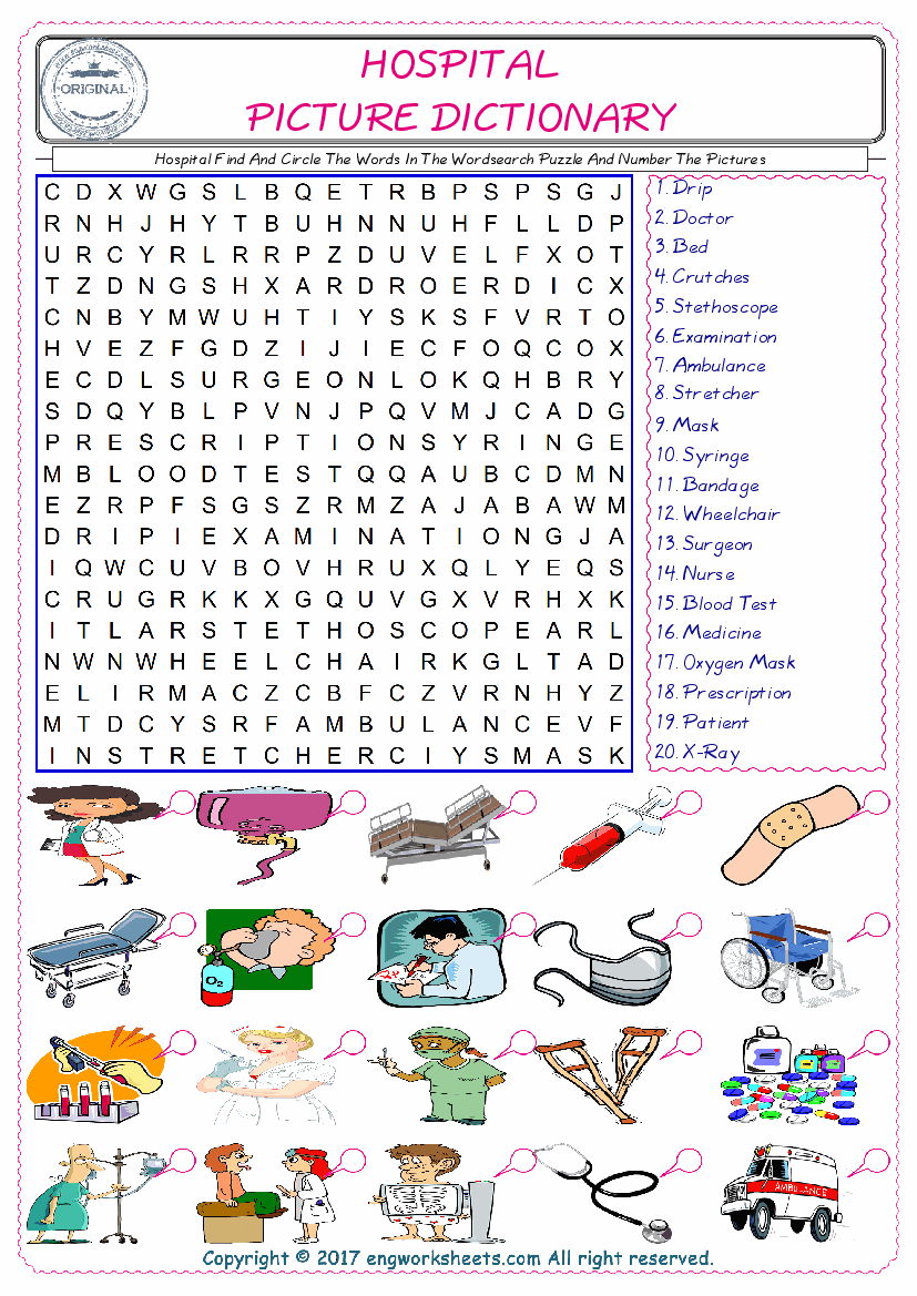  ESL wordsearch worksheets for kids, find Hospital words in the word wordsearch write its number on its picture English worksheet. 